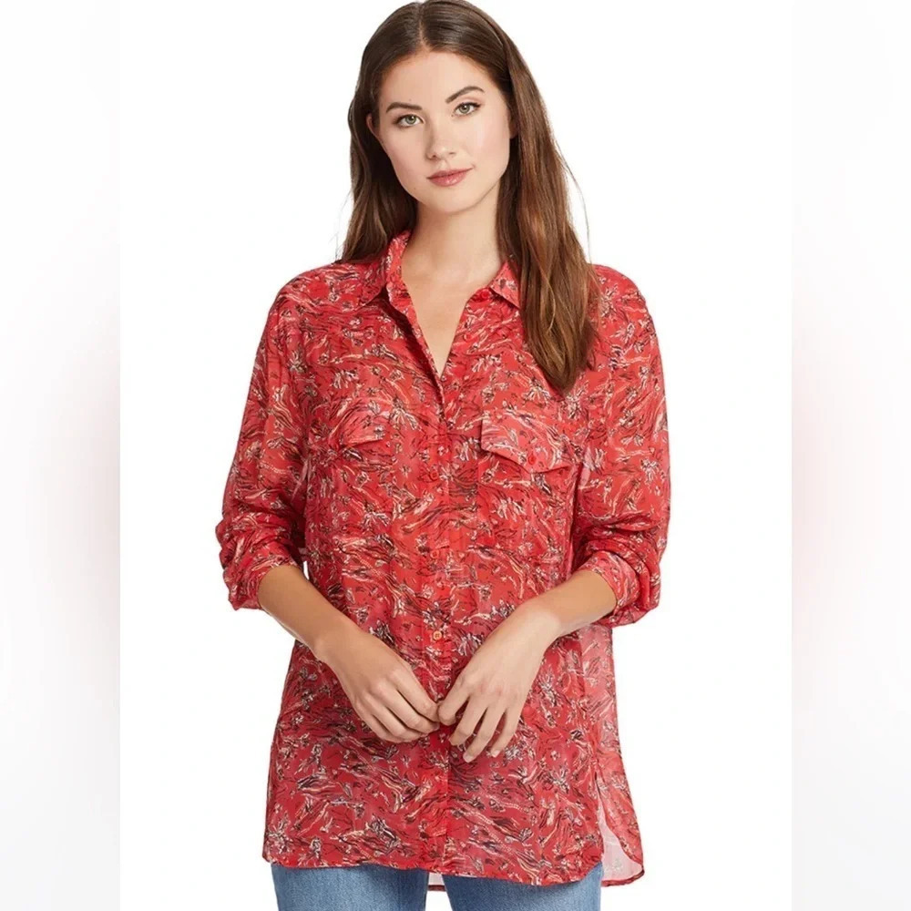 Iro Printed Button Down Shirt Top Red Size 36 US 4 B17